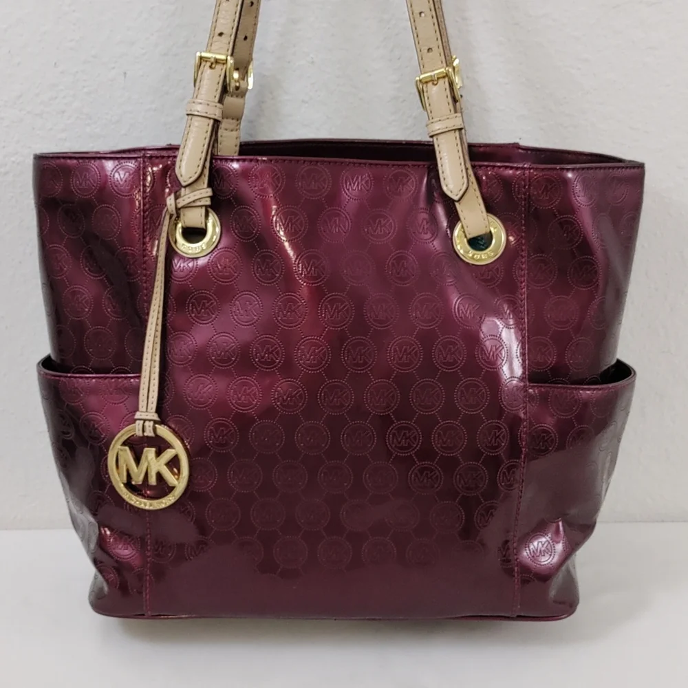 Michael Kors Jet Set East West Signature Bordeaux Patent Leather Metallic Tote